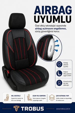 Chery Tiggo 7 Pro 2023+ Uyumlu ANKAFLEX Bel Destekli Keten Deri Siyah Kırmızı Koltuk Kılıfı