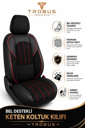 Renault Symbol 2008+ Uyumlu ANKAFLEX Bel Destekli Keten Deri Siyah Kırmızı Koltuk Kılıfı