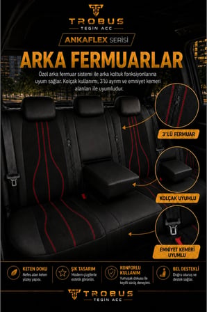 Skoda Octavia 2004+ Uyumlu ANKAFLEX Bel Destekli Keten Deri Siyah Kırmızı Koltuk Kılıfı