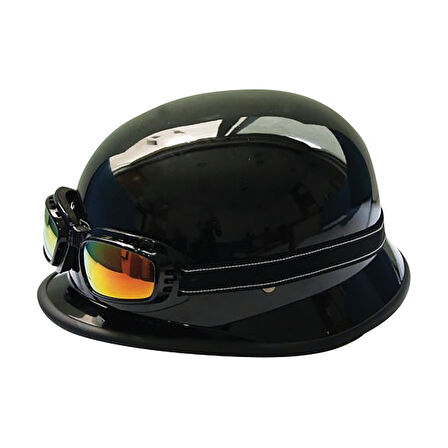 Motosiklet ve Bisiklet Yarım Kask Retro Gözlüklü Chopper Cruiser Kaskı Parlak Siyah
