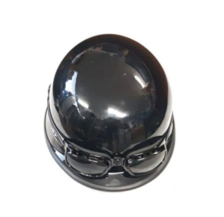 Motosiklet ve Bisiklet Yarım Kask Retro Gözlüklü Chopper Cruiser Kaskı Parlak Siyah