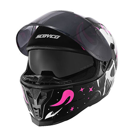 Motosiklet Double ve Güneş Vizörlü Full Face Kask Ce Motor Kaskı Skull