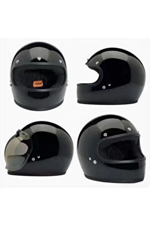 Motosiklet Retro Kask Harley  Cafe Racer Vespa Modüler ve  Anti UV Gözlüklü Motor Kaskı Black