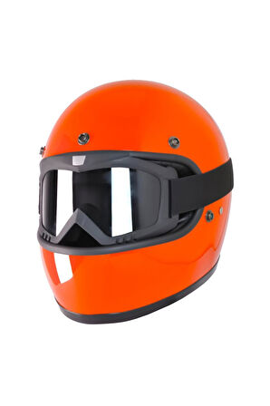 Motosiklet Retro Kask Harley Cafe Racer Vespa Modüler ve Anti UV Gözlüklü Motor Kaskı Orange