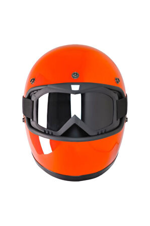 Motosiklet Retro Kask Harley Cafe Racer Vespa Modüler ve Anti UV Gözlüklü Motor Kaskı Orange