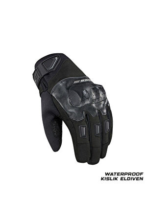 Motosiklet Kışlık Eldiven Waterproof Oxford ve Deri Kumaş Premium Motor Korumalı Eldiveni Siyah