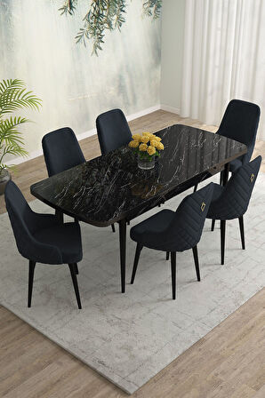 Meri Siyah Mermer 80x132 Açılabilir Mdf Masa Yemek Odası Takımı, Mutfak Takımı 6 Adet Sandalye