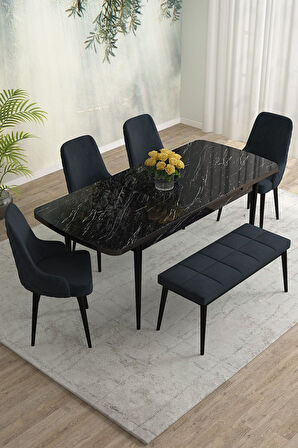 Meri Siyah Mermer 80x132 Açılabilir Mdf Masa Yemek Odası Takımı,Mutfak Masa Takımı 4 Sandalye 1Bench