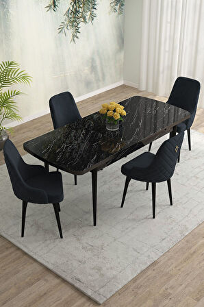 Meri Siyah Mermer 80x132 Açılabilir Mdf Masa Yemek Odası Takımı, Mutfak Takımı 4 Adet Sandalye