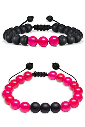 Pembe Akik Taşı Çift Doğal Taş Bileklik Seti