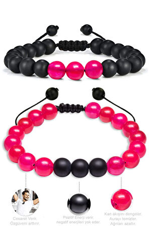 Pembe Akik Taşı Çift Doğal Taş Bileklik Seti