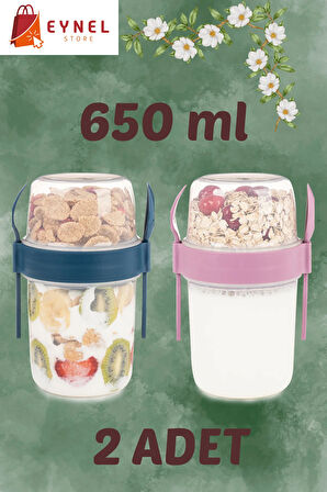 2li Set 650 ml Take-go Kaşıklı Hazneli Meyveli Yoğurt Kabı Piknik Atıştırmalık Granola Süt Bardağı