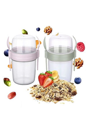 2li Set 650 ml Take-go Kaşıklı Hazneli Meyveli Yoğurt Kabı Piknik Atıştırmalık Granola Süt Bardağı
