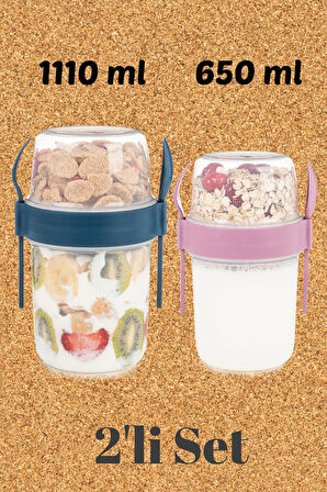 2li Set 1100 ve 650 ml Kaşıklı Hazneli Meyveli Yoğurt Kabı Piknik Atıştırmalık Plastik Süt Bardak