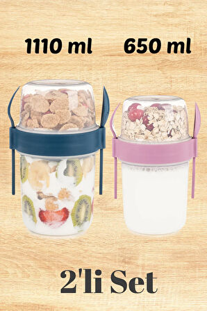 2li Set 1100 ve 650 ml Kaşıklı Hazneli Meyveli Yoğurt Kabı Piknik Atıştırmalık Plastik Süt Bardak