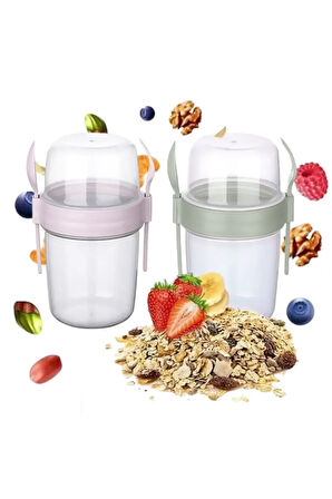 2li Set 1100 ml Take-go Kaşıklı Hazneli Meyveli Yoğurt Kabı Piknik Atıştırmalık Granola Süt Bardak
