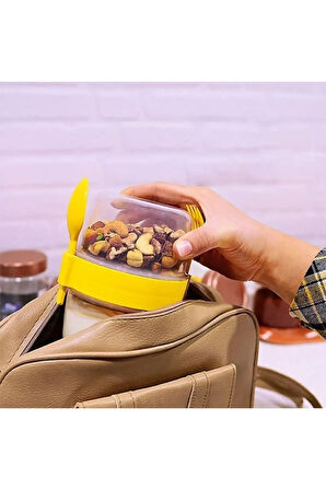 2li Set 1100 ml Take-go Kaşıklı Hazneli Meyveli Yoğurt Kabı Piknik Atıştırmalık Granola Süt Bardak