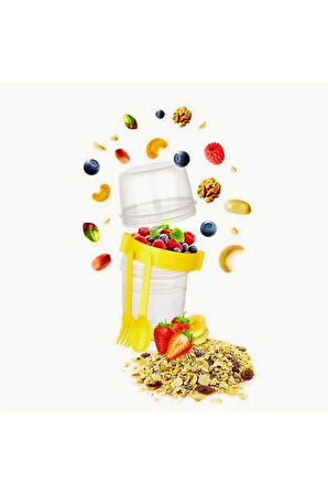 4lü Set 1100 ml Take-go Kaşıklı Hazneli Meyveli Yoğurt Kabı Piknik Atıştırmalık Granola Süt Bardak