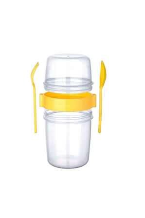 4lü Set 1100 ml Take-go Kaşıklı Hazneli Meyveli Yoğurt Kabı Piknik Atıştırmalık Granola Süt Bardak