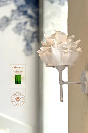 Beyaz Eva Gül Tasarım Kablosuz Pilli Aplik - Alt Beyaz (Tüm Boy 35 cm)