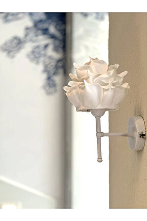 Beyaz Eva Gül Tasarım Kablosuz Pilli Aplik - Alt Beyaz (Tüm Boy 35 cm)