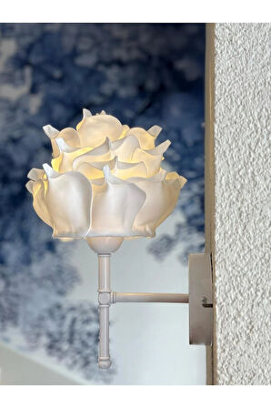 Beyaz Eva Gül Tasarım Kablosuz Pilli Aplik - Alt Beyaz (Tüm Boy 35 cm)