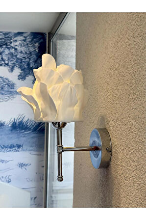 Beyaz Anemon Tasarım Kablosuz Pilli Aplik - Alt Gümüş (Tüm Boy 35 cm)