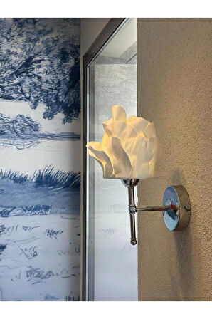 Beyaz Anemon Tasarım Kablosuz Pilli Aplik - Alt Gümüş (Tüm Boy 35 cm)