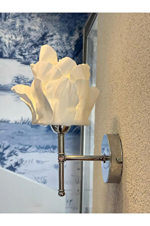 Beyaz Anemon Tasarım Kablosuz Pilli Aplik - Alt Gümüş (Tüm Boy 35 cm)