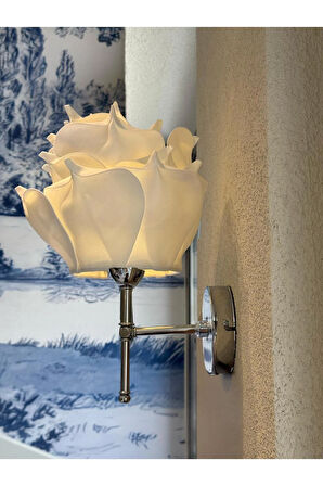 Beyaz Eva Gül Tasarım Kablolu Aplik - Alt Gümüş (TÜM BOY 35 CM)