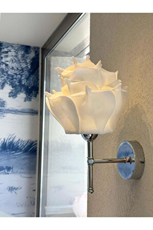 Beyaz Eva Gül Tasarım Kablolu Aplik - Alt Gümüş (TÜM BOY 35 CM)