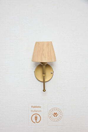 Rafya Saçaksız Bohem Hasır Kablolu Duvar Aydınlatması Aplik - Alt Eskitme Gold
