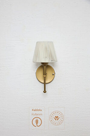 Beyaz Deri Tasarım Kablolu Duvar Aydınlatması Aplik - Alt Eskitme Gold
