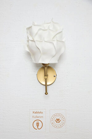 Beyaz Eva Gül Tasarım Kablolu Duvar Aydınlatması Aplik - Alt Eskitme Gold