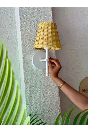 Sarı Rattan Kablosuz Pilli Duvar Aydınlatması Aplik - Alt Beyaz