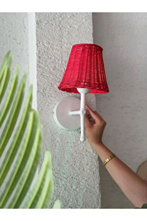 Kırmızı Rattan Kablosuz Pilli Duvar Aydınlatması Aplik - Alt Beyaz