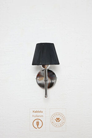 Siyah Deri Kablolu Duvar Aydınlatması Aplik - Alt Gümüş