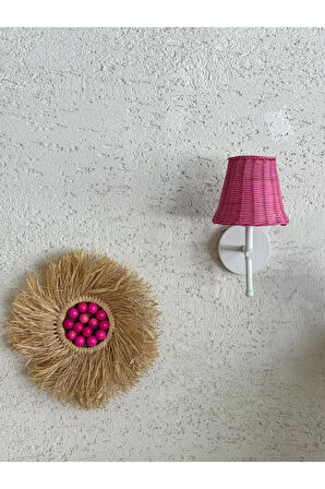 Pembe Rattan Kablosuz Pilli Duvar Aydınlatması Aplik - Alt Beyaz