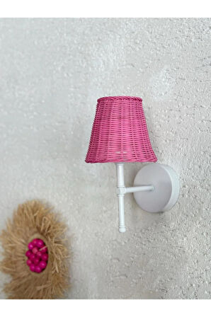 Pembe Rattan Kablosuz Pilli Duvar Aydınlatması Aplik - Alt Beyaz