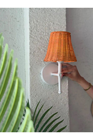 Turuncu Rattan Kablosuz Pilli Duvar Aydınlatması Aplik - Alt Beyaz