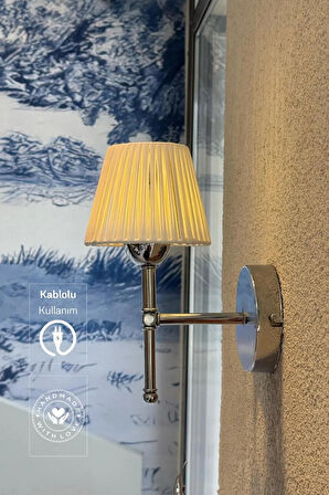 Beyaz Deri Tasarım Kablolu Duvar Aydınlatması Aplik - Alt Gümüş