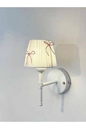 Candy Pembe Fiyonk Kurdele Beyaz Rafya Kablosuz Pilli Duvar Aydınlatması Aplik - Alt Beyaz