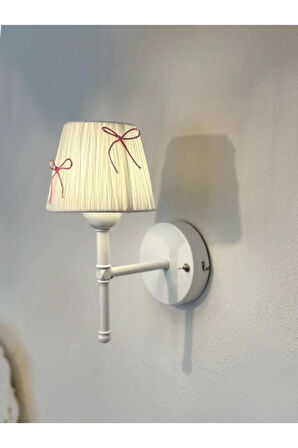 Candy Pembe Fiyonk Kurdele Beyaz Rafya Kablosuz Pilli Duvar Aydınlatması Aplik - Alt Beyaz