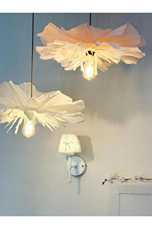 Candy Pembe Fiyonk Kurdele Beyaz Rafya Kablosuz Pilli Duvar Aydınlatması Aplik - Alt Beyaz