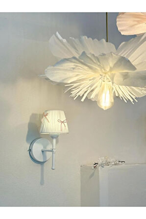 Candy Pembe Fiyonk Kurdele Beyaz Rafya Kablosuz Pilli Duvar Aydınlatması Aplik - Alt Beyaz