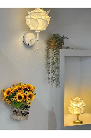 Beyaz Eva Gül Tasarım Kablosuz Pilli Duvar Aydınlatması Aplik - Alt Beyaz