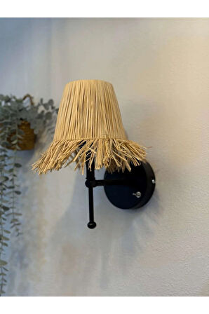 Rafya Saçaklı Bohem Hasır Kablosuz Pilli Duvar Aydınlatması Aplik - Alt Siyah