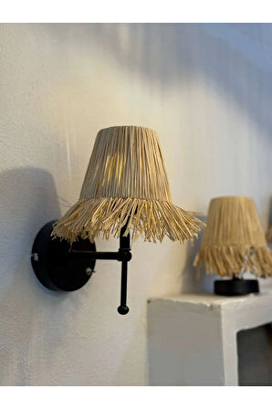 Rafya Saçaklı Bohem Hasır Kablosuz Pilli Duvar Aydınlatması Aplik - Alt Siyah