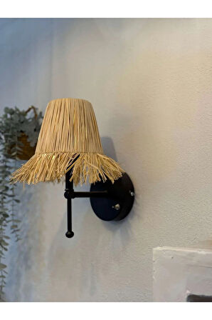 Rafya Saçaklı Bohem Hasır Kablosuz Pilli Duvar Aydınlatması Aplik - Alt Siyah