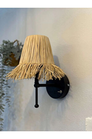 Rafya Saçaklı Bohem Hasır Kablosuz Pilli Duvar Aydınlatması Aplik - Alt Siyah